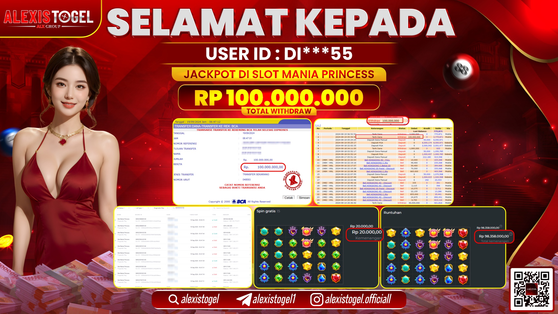 ALEXISTOGEL JACKPOT SLOT MANIA PRINCESS RP.100.000.000 LUNAS