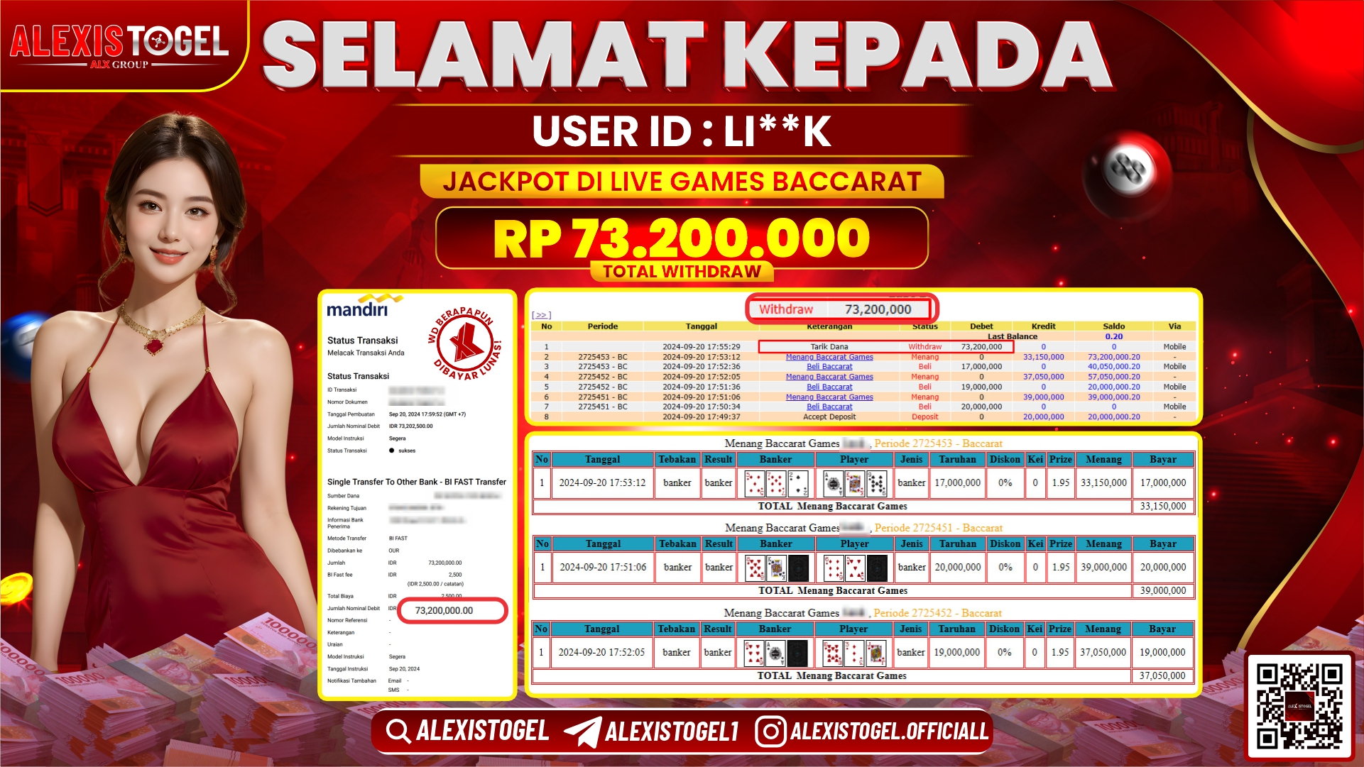 ALEXISTOGEL JACKPOT LIVE GAMES BACCARAT RP.73.200.000 LUNAS
