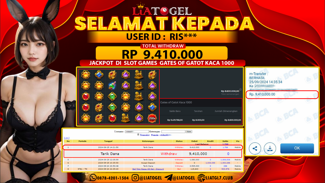 LIATOGEL - JACKPOT SLOT GATES OF GATOT KACA 1000 GAMES  RP 9.410.000,- LUNAS