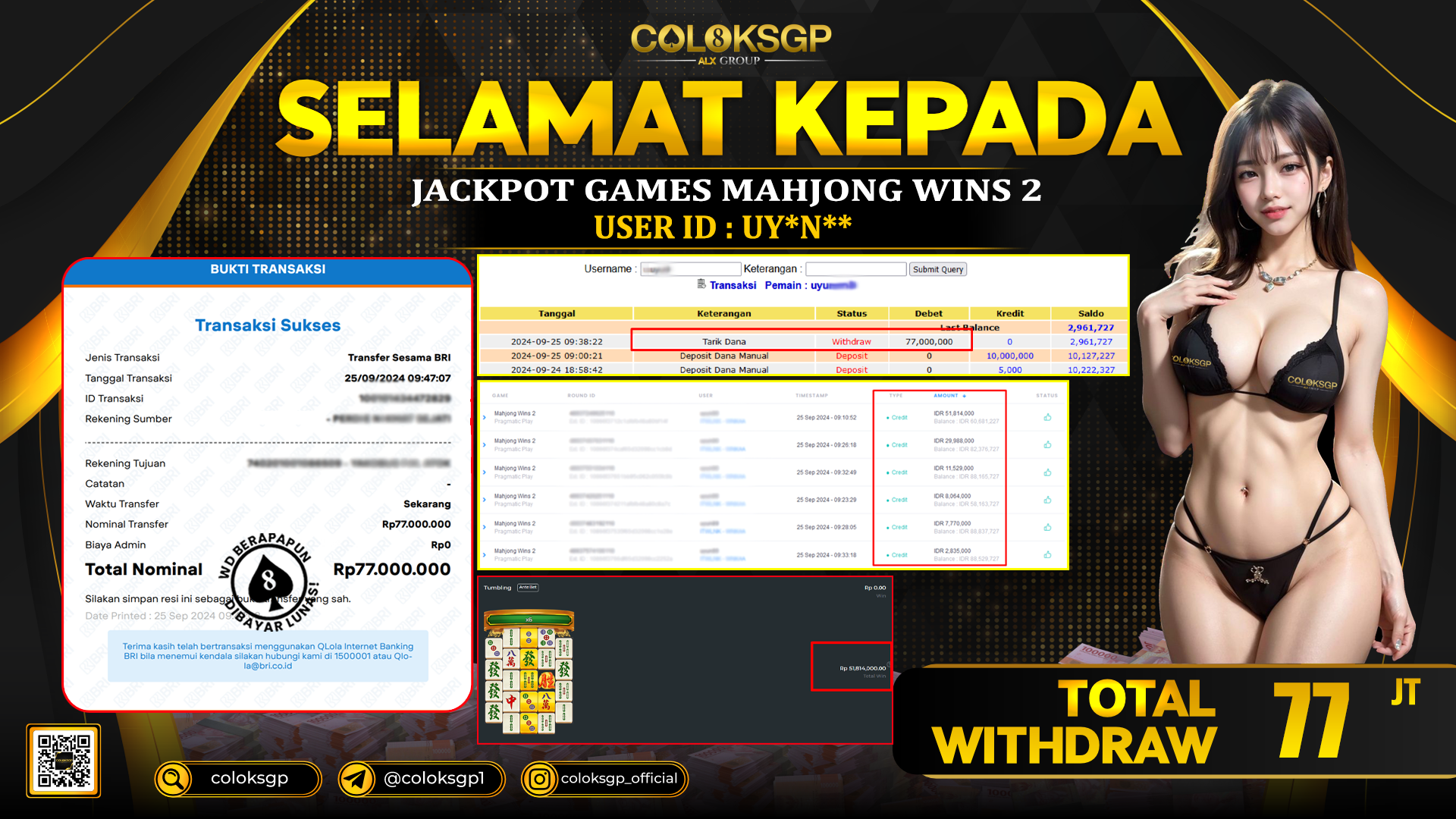 COLOKSGP JACKPOT SLOT GAMES RP 77.000.000 LUNAS
