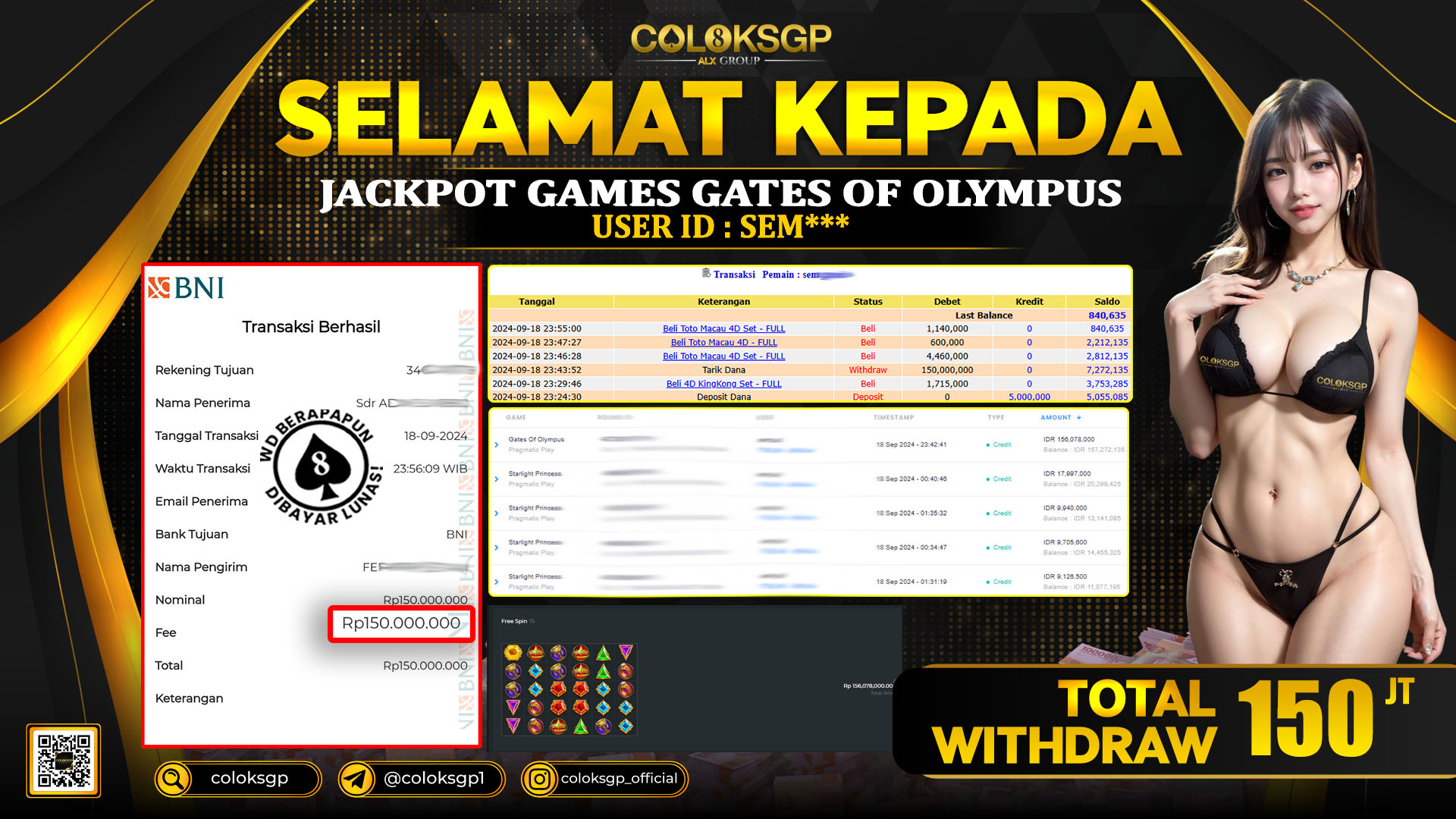 COLOKSGP JACKPOT SLOT GAMES RP 150.000.000 LUNAS