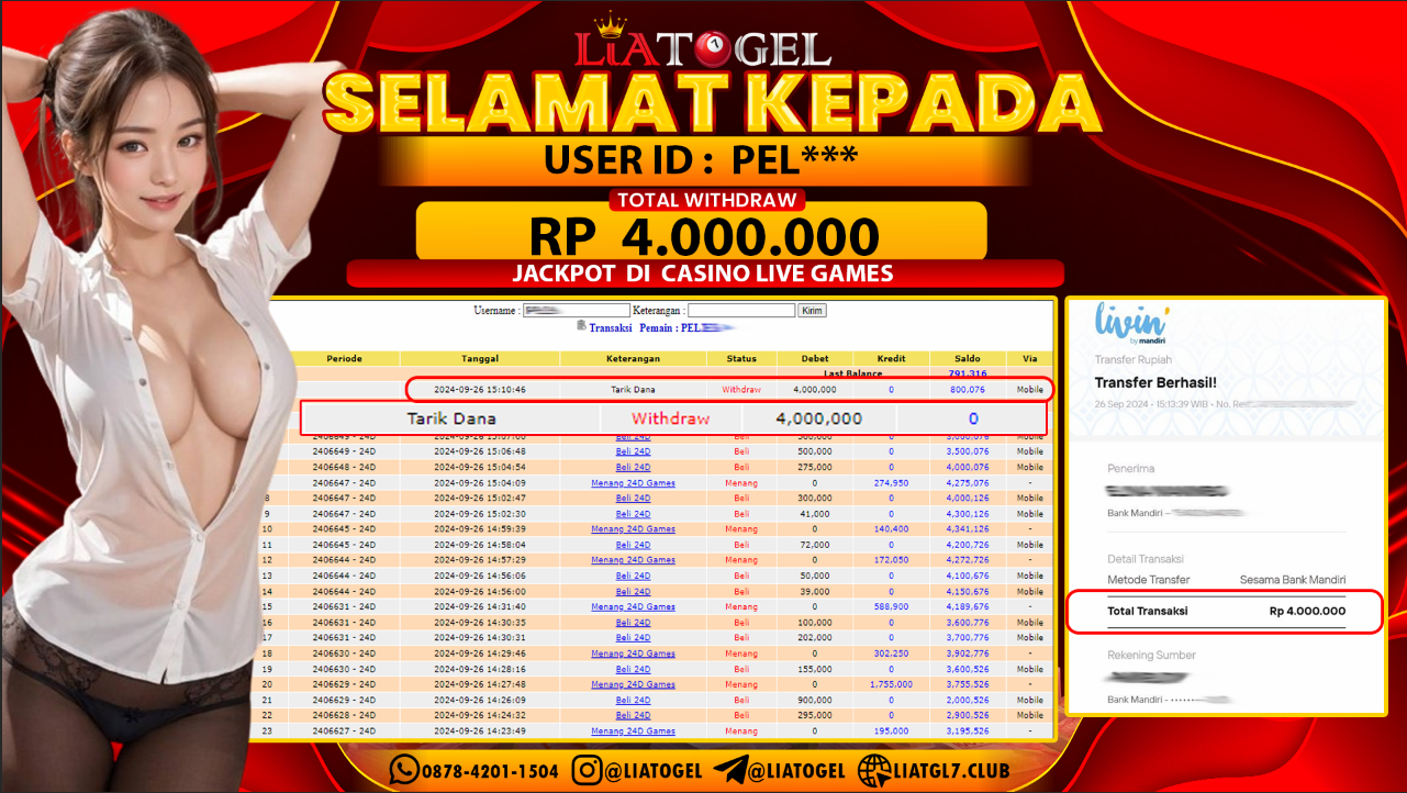 LIATOGEL - JACKPOT CASINO LIVE GAMES  RP 4.000.000,- LUNAS