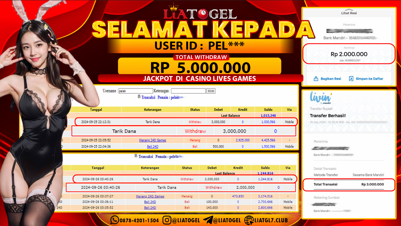 LIATOGEL - JACKPOT CASINO LIVE GAMES  RP 5.000.000,- LUNAS