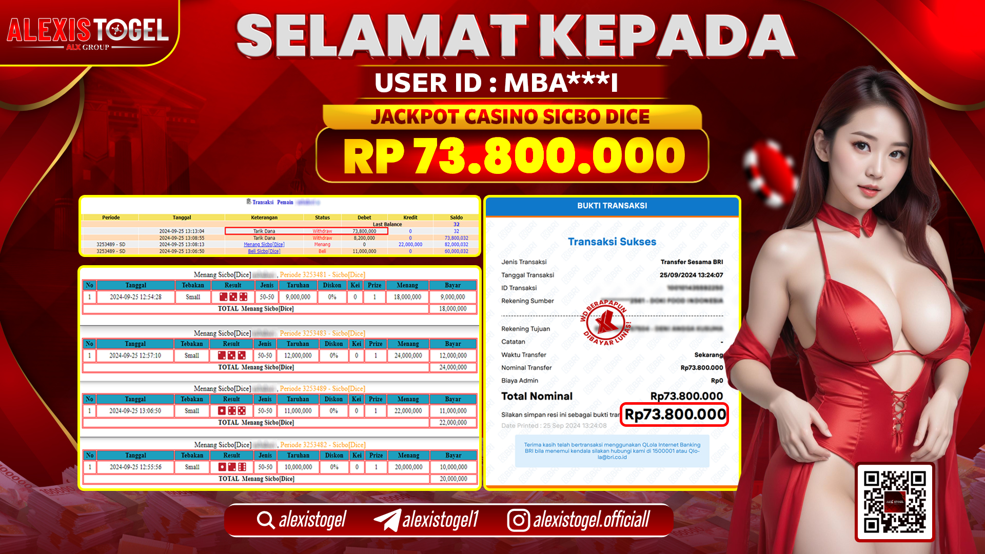 ALEXISTOGEL JACKPOT CASINO SICBO DICE RP.73.800.000 LUNAS