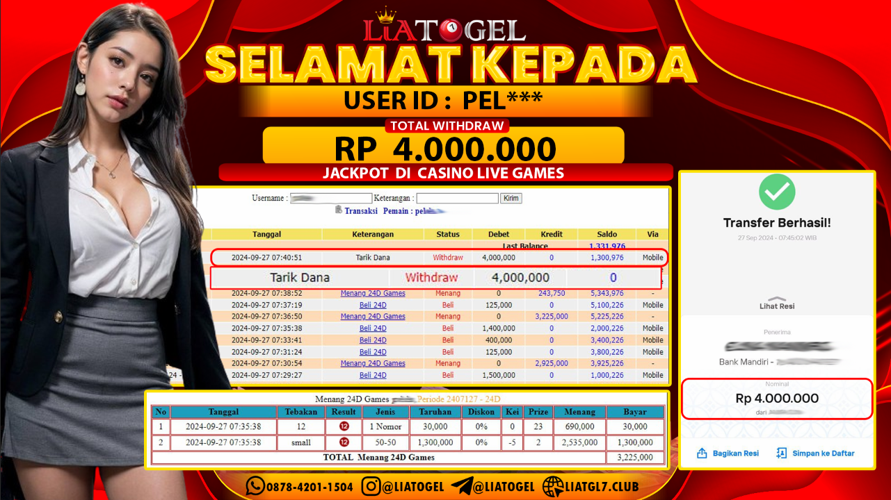 LIATOGEL - JACKPOT CASINO LIVE GAMES  RP 4.000.000,- LUNAS