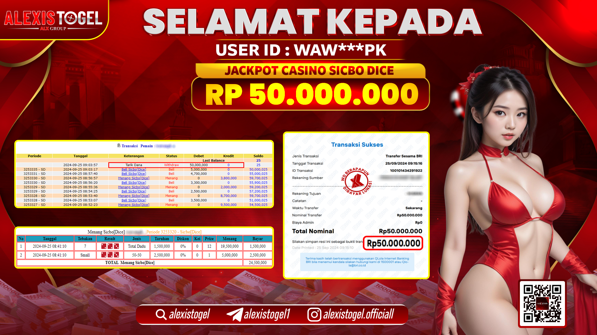 ALEXISTOGEL JACKPOT CASINO SICBO DICE RP.50.000.000 LUNAS
