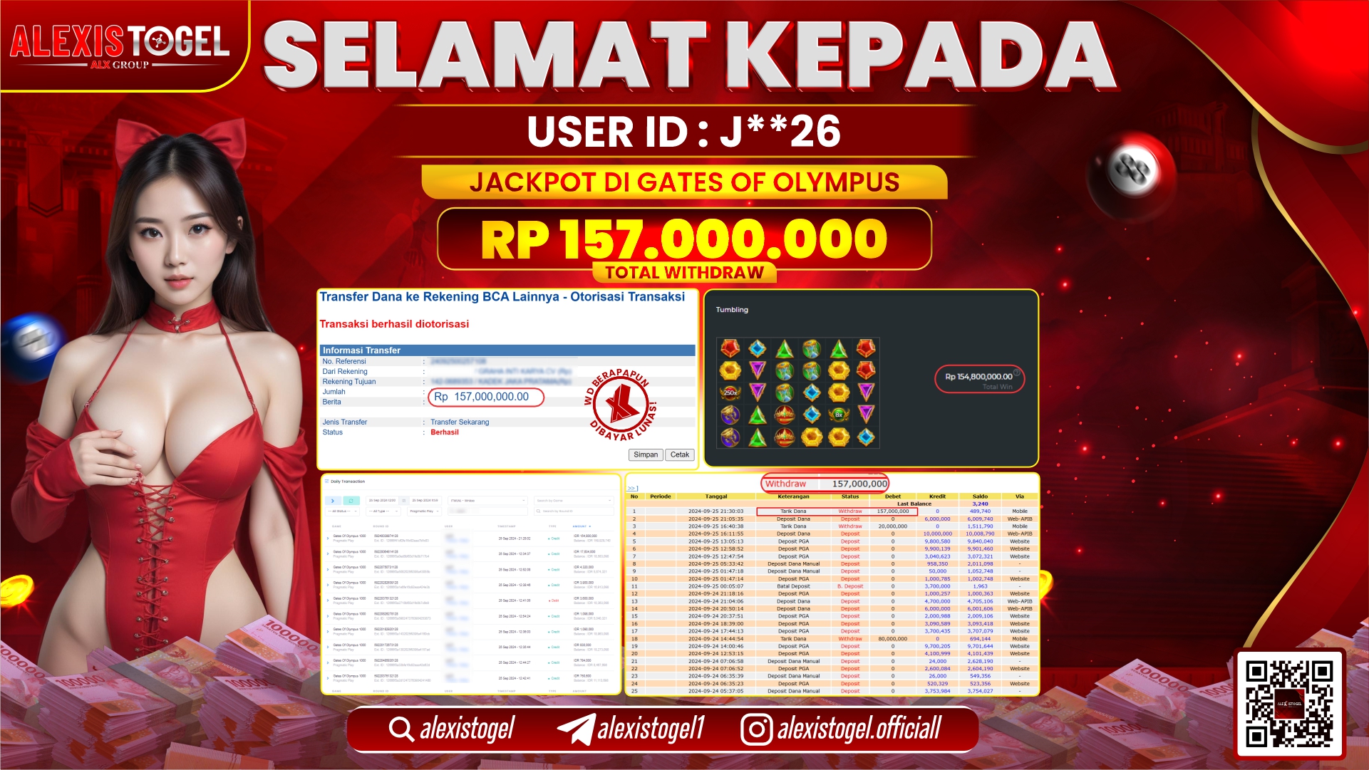 ALEXISTOGEL JACKPOT SLOT GATES OF OLYMPUS RP.157.000.000 LUNAS