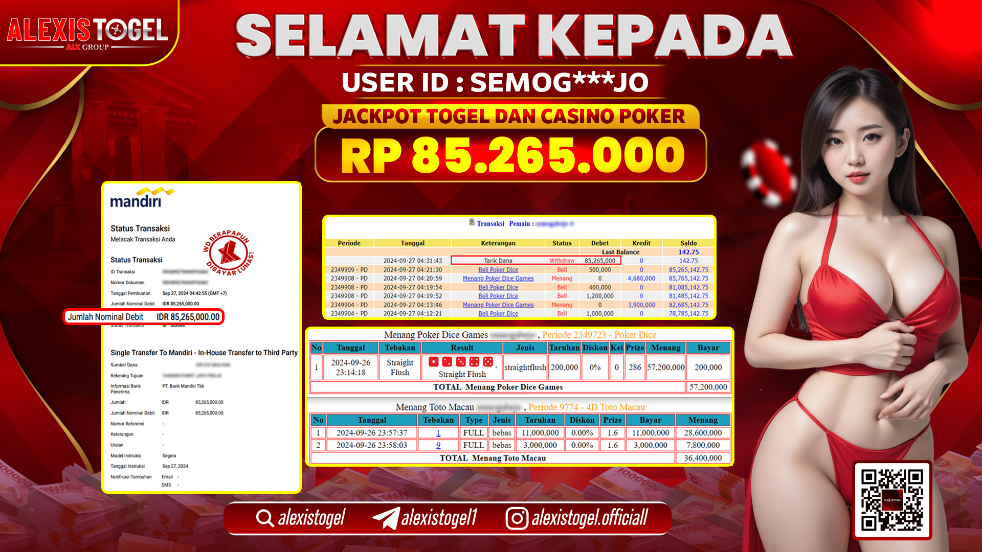ALEXISTOGEL JACKPOT TOGEL & CASINO POKER RP.85.265.000 LUNAS