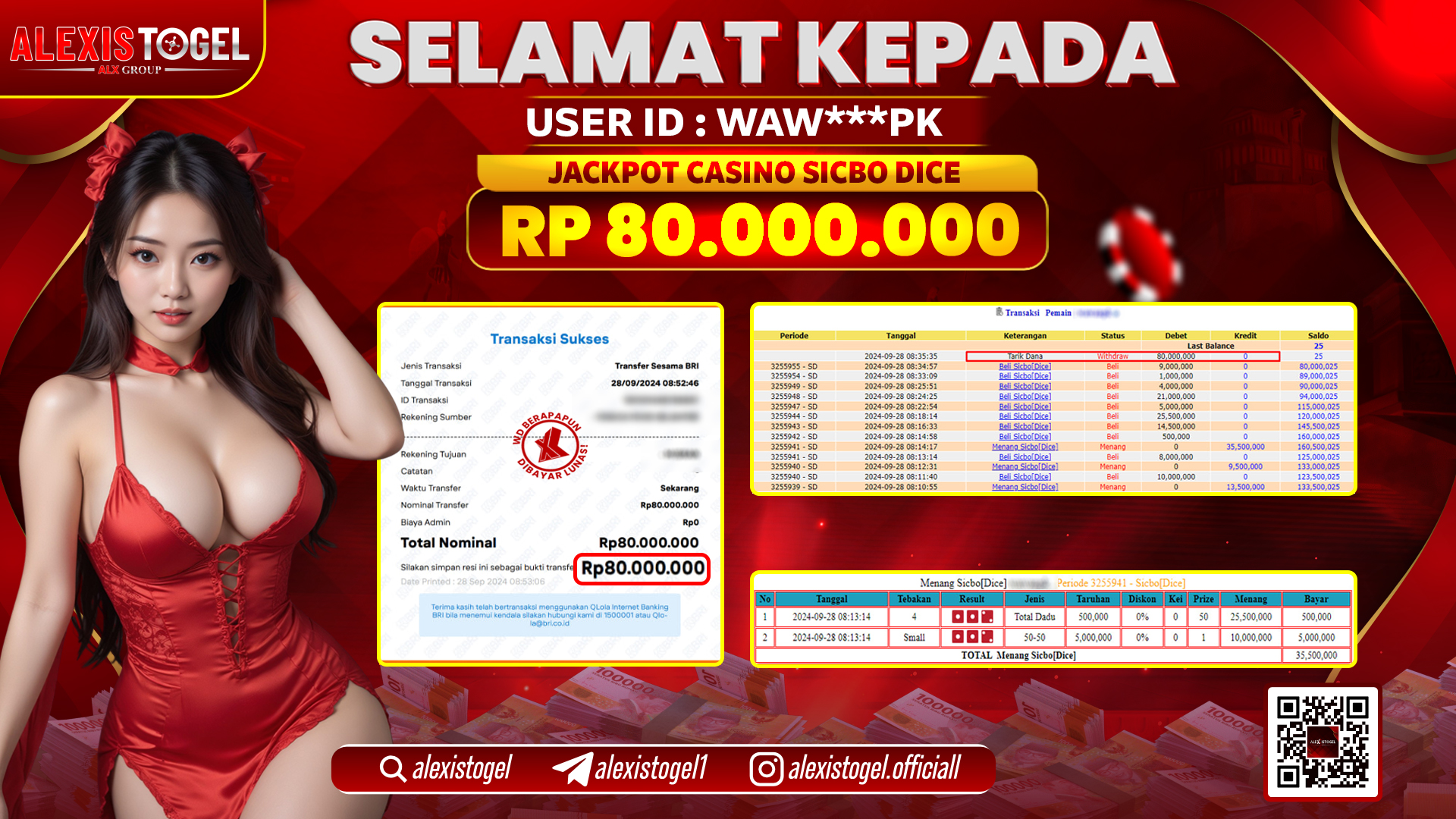 ALEXISTOGEL JACKPOT CASINO SICBO DICE RP.80.000.000 LUNAS