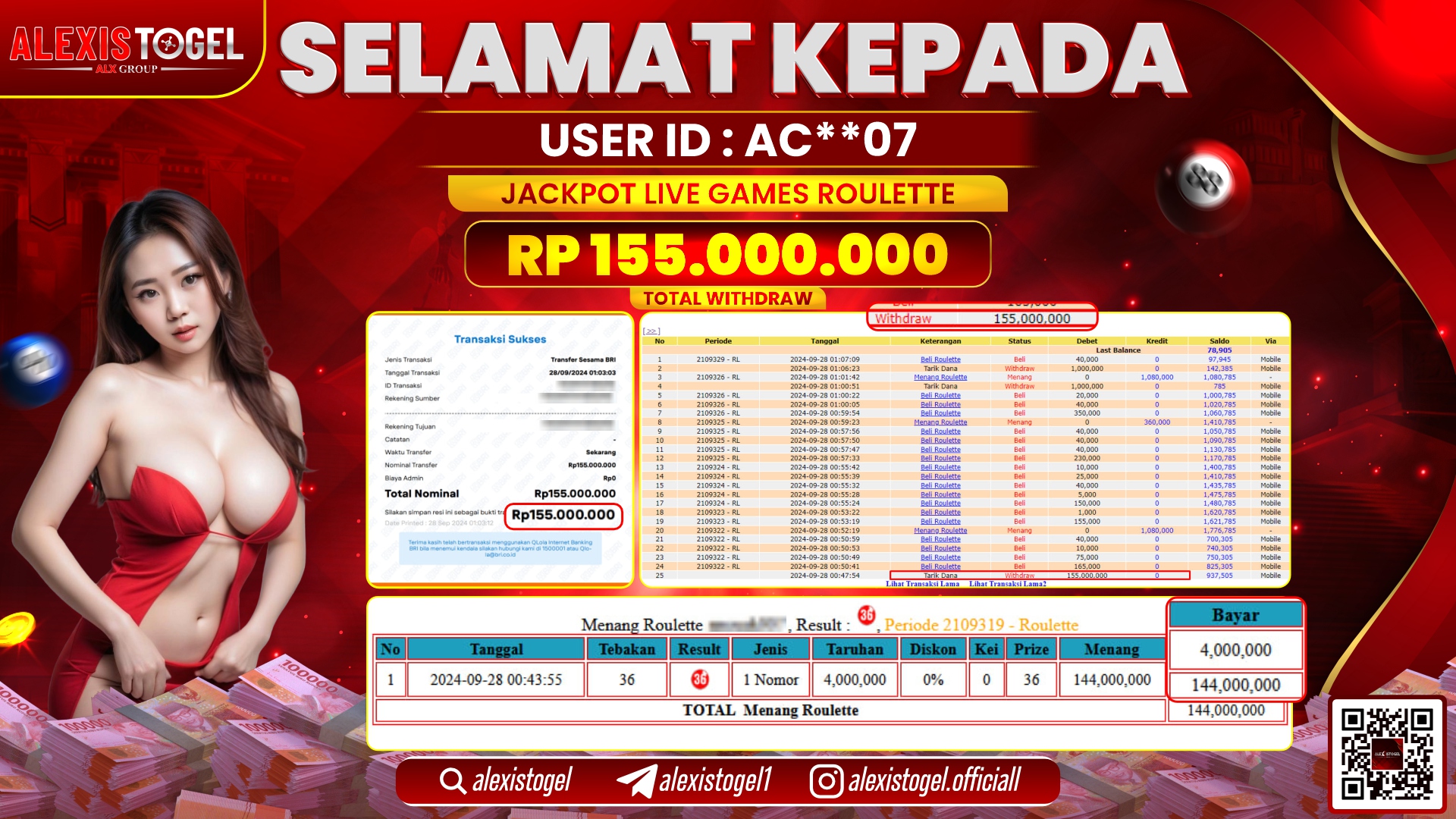 ALEXISTOGEL JACKPOT LIVE GAMES ROULETTE RP.155.000.000 LUNAS