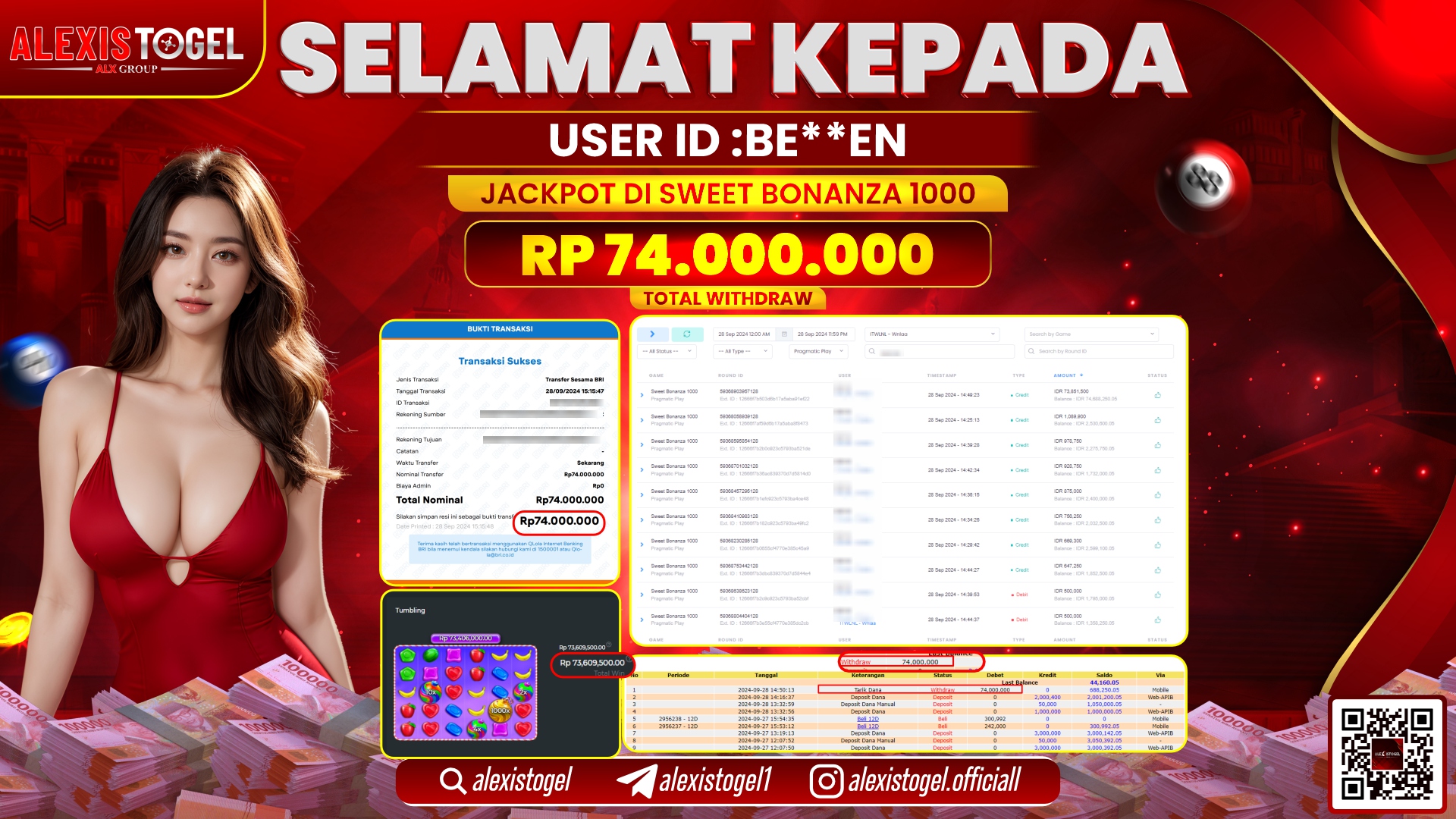 ALEXISTOGEL JACKPOT SLOT SWEET BONANZA RP.74.000.000 LUNAS