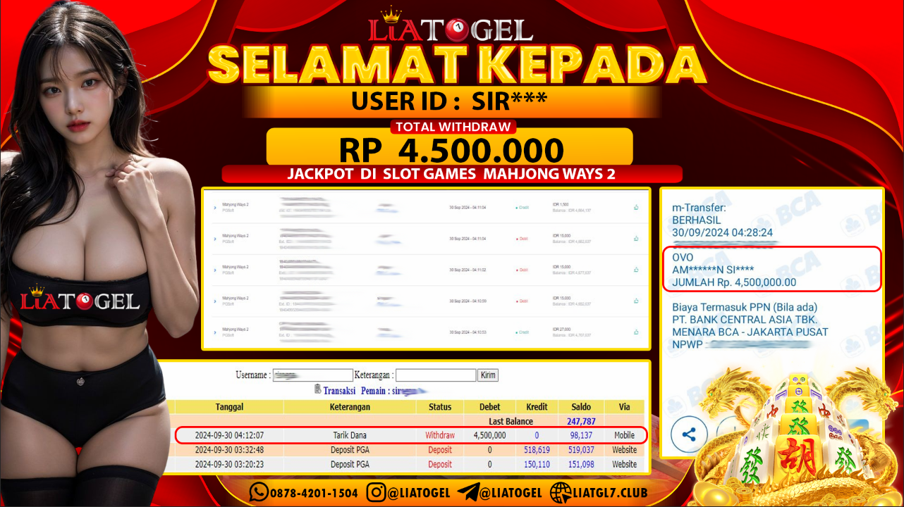 LIATOGEL - JACKPOT SLOT GAMES MAHJONG WAYS 2  RP 4.500.000,- LUNAS