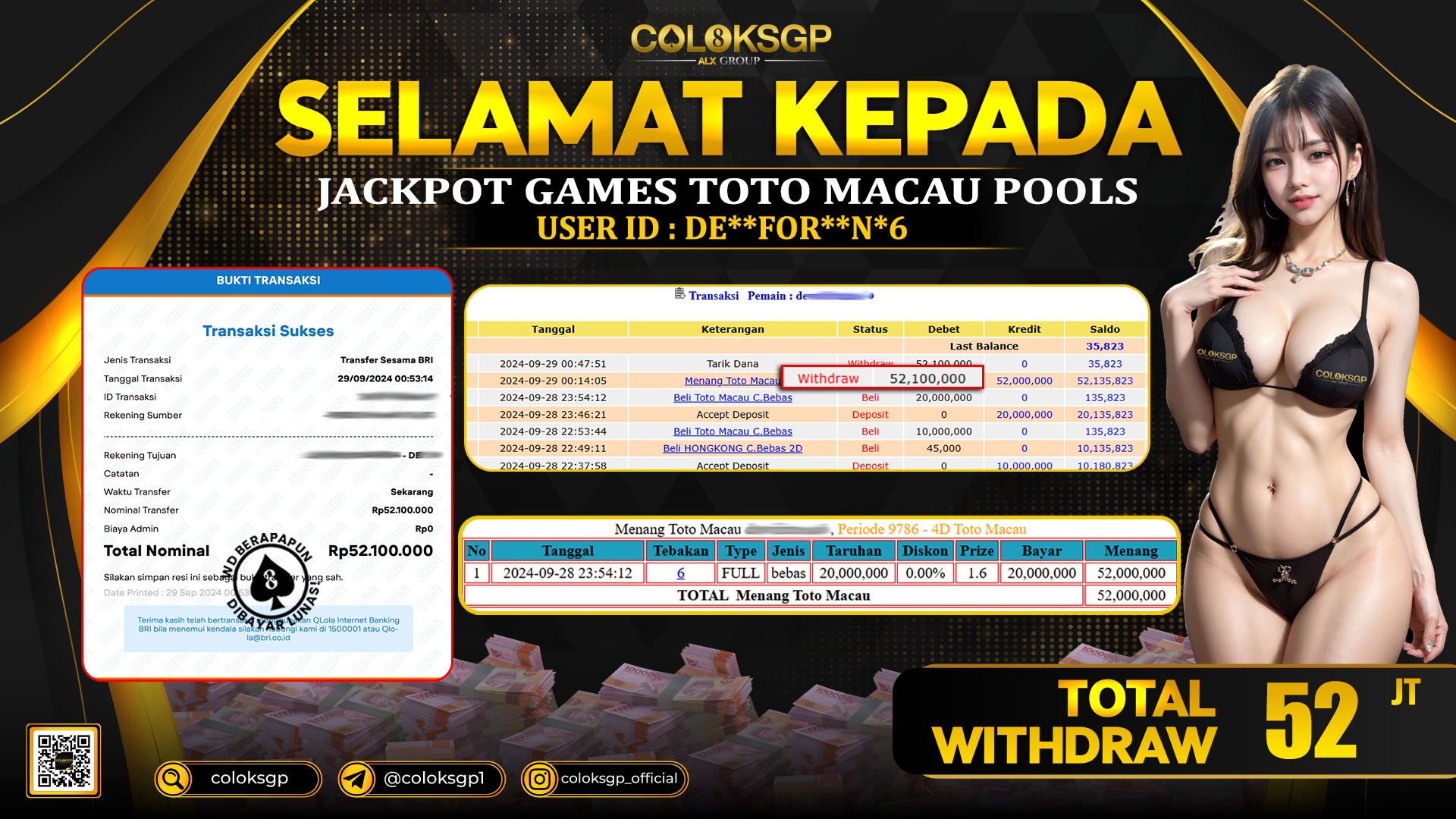 COLOKSGP JACKPOT TOTO MACAU POOLS RP 52.100.000 LUNAS