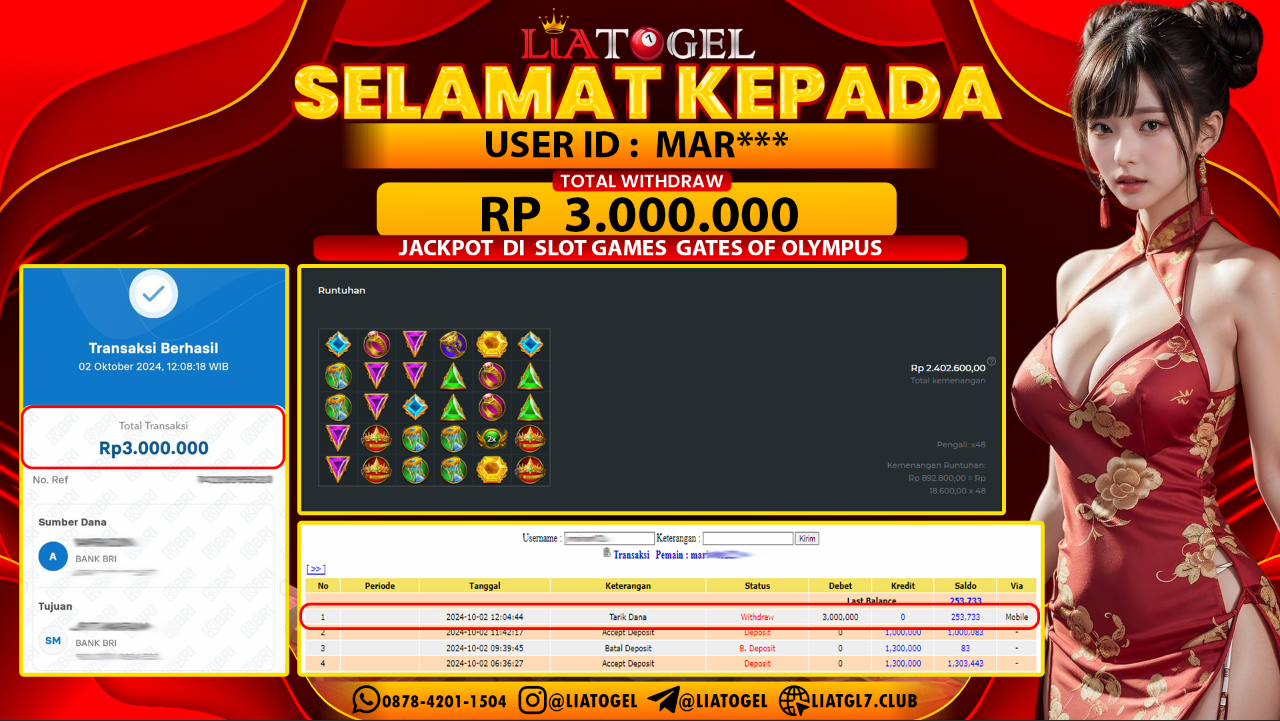 LIATOGEL - JACKPOT SLOT GAMES GATES OF OLYMPUS   RP 3.000.000,- LUNAS