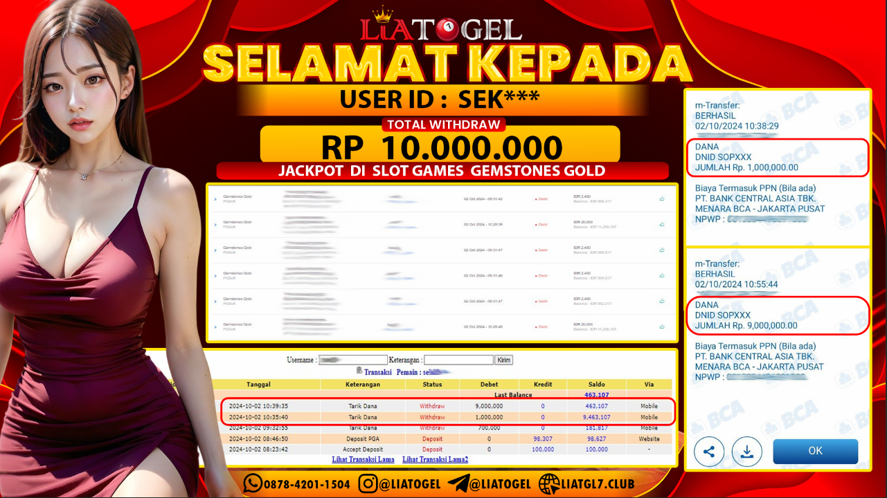 LIATOGEL - JACKPOT SLOT GAMES GEMSTONES GOLD   RP 10.000.000,- LUNAS