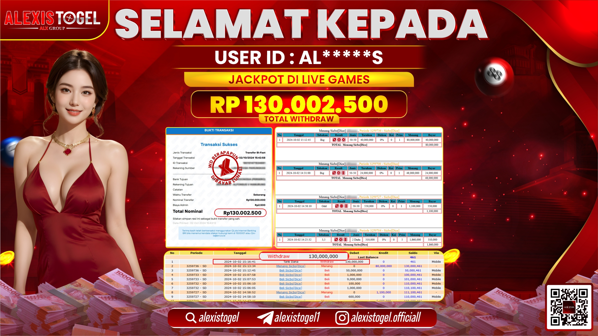 ALEXISTOGEL LIVE GAMES SICBO RP.130.002.500 LUNAS