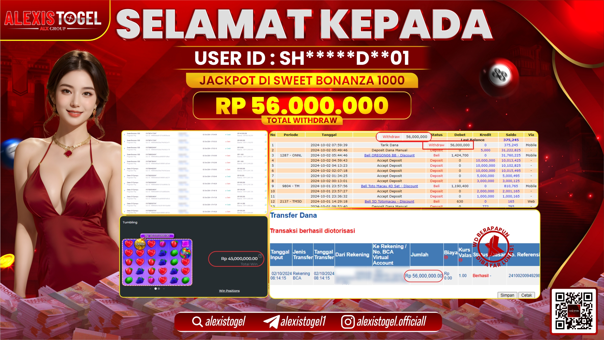 ALEXISTOGEL SLOT SWEET BONANZA RP.56.000.000 LUNAS