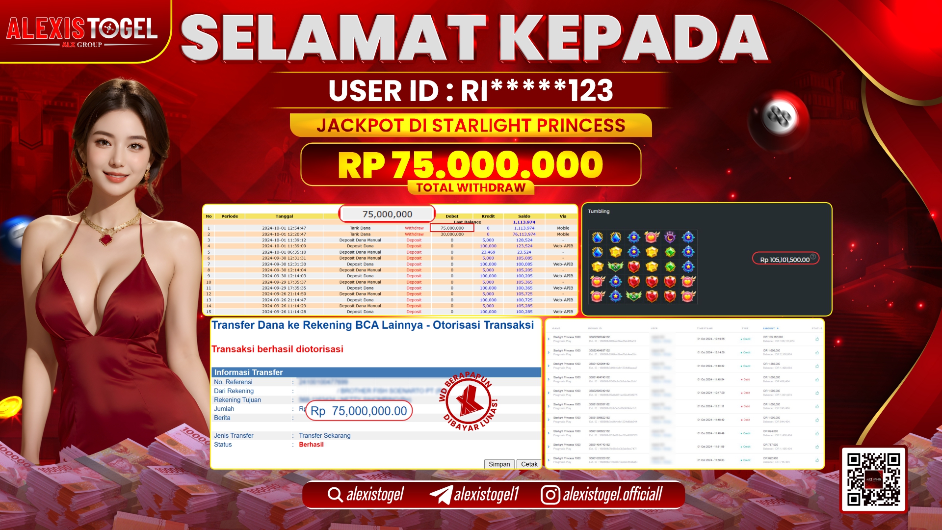 ALEXISTOGEL SLOT STARLIGHT PRINCESS RP.75.000.000 LUNAS