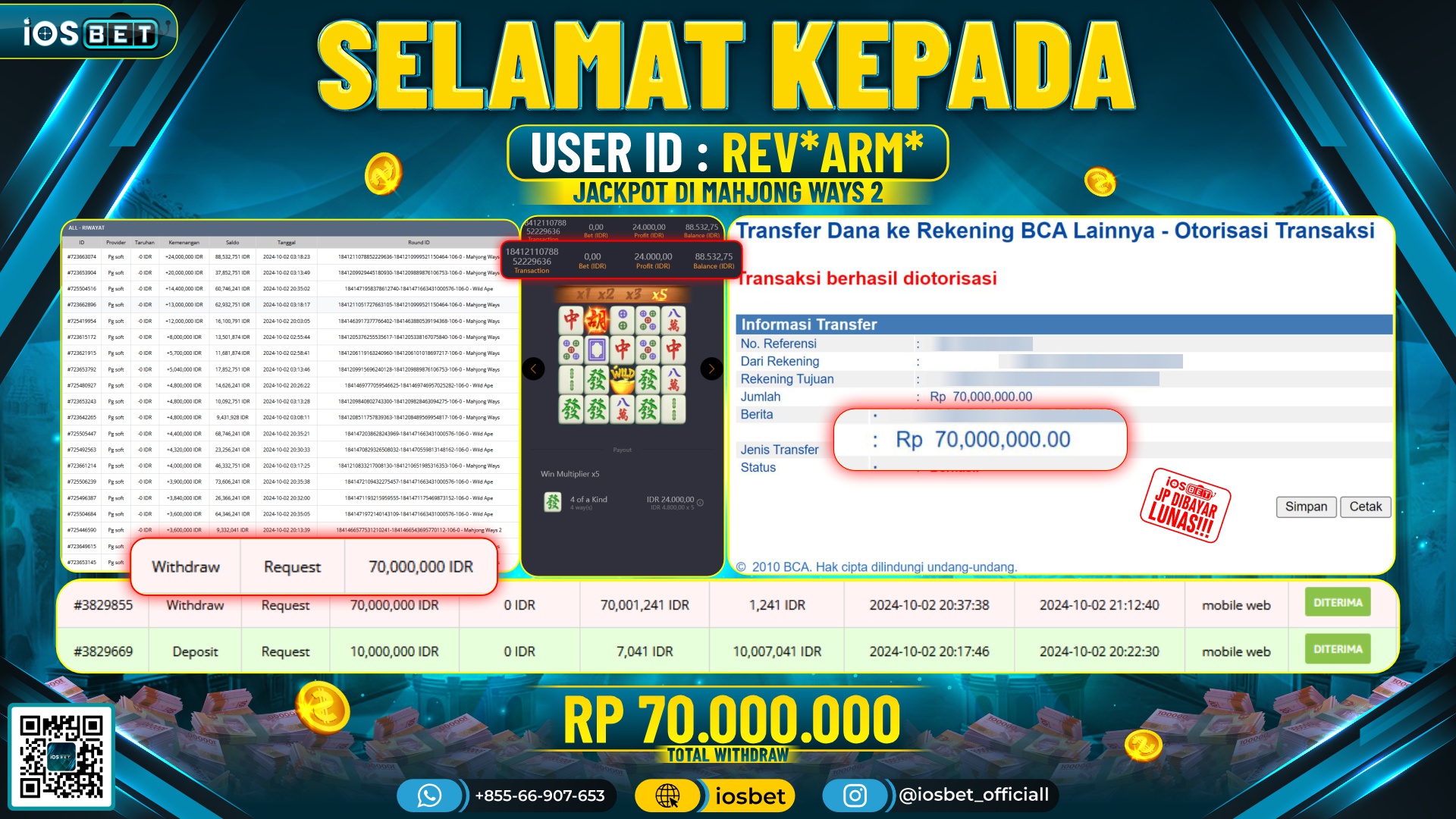Bukti Pembayaran LUNAS SLOT GAME GACOR Rp.70.000.000,-