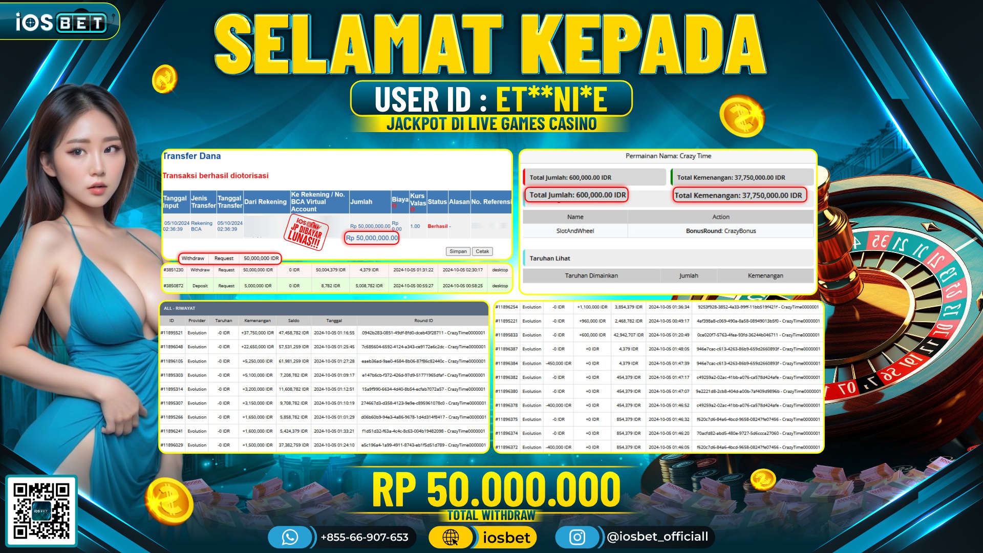 Bukti Pembayaran LUNAS LIVE GAME GACOR Rp.50.000.000,-