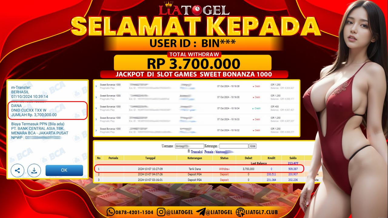 LIATOGEL - JACKPOT SLOT SWEET BONANZA 1000 GAMES   RP  3.700.000,- LUNAS