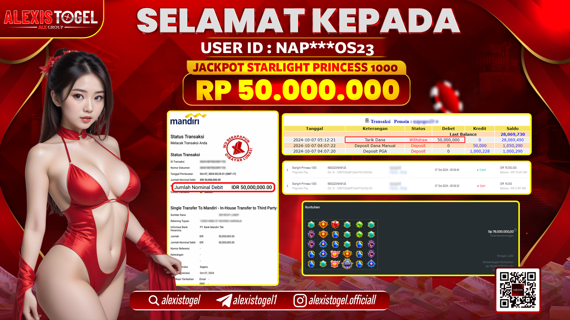 ALEXISTOGEL SLOT STARLIGHT PRINCESS RP.50.000.000 LUNAS