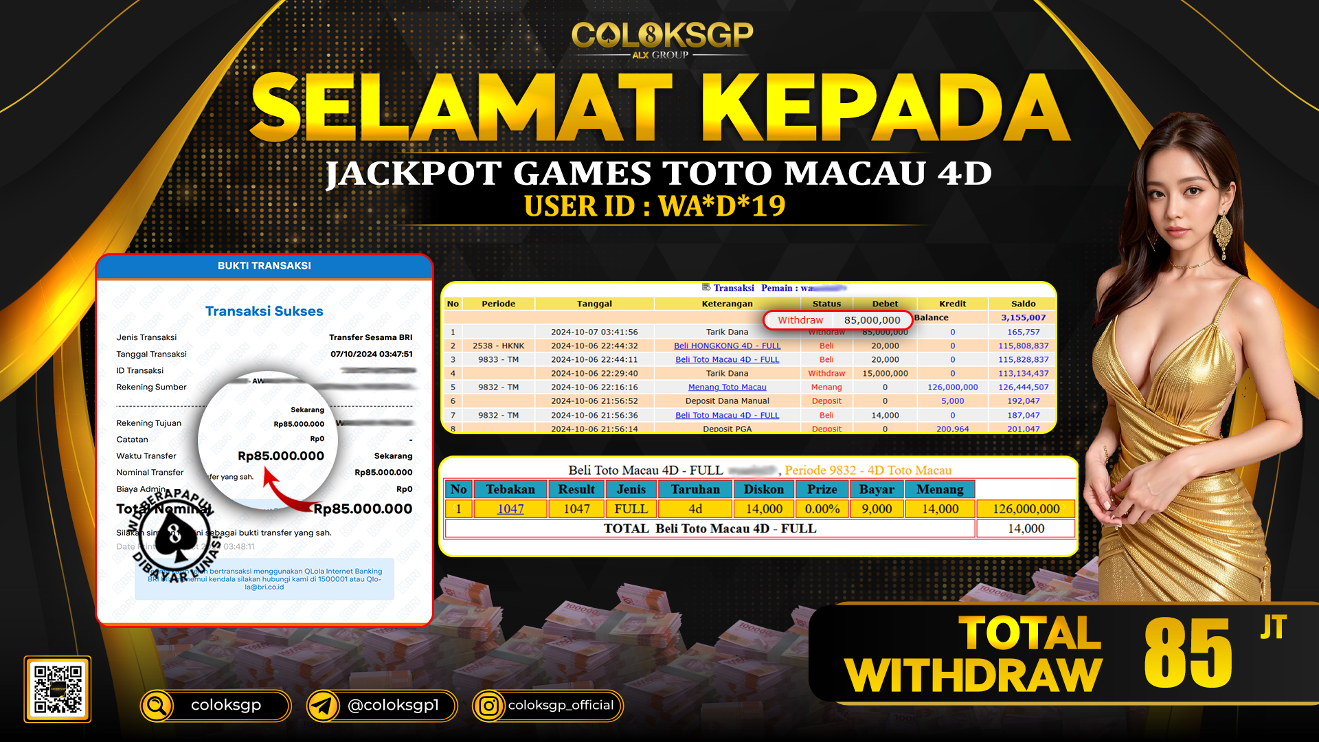 COLOKSGP JACKPOT TOTO MACAU POOLS RP 85.000.000 LUNAS