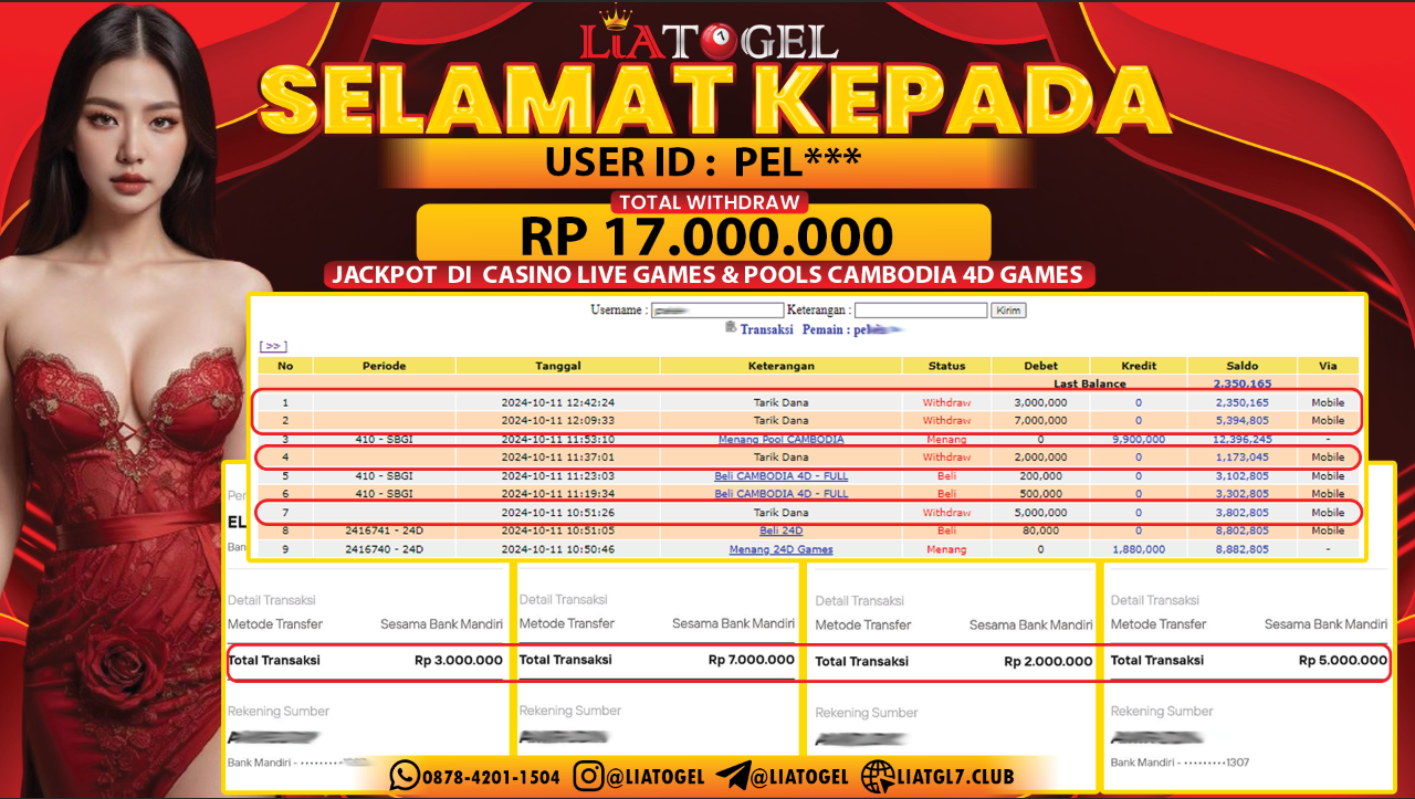 LIATOGEL - JACKPOT CASINO LIVE GAMES & POOLS CAMBODIA 4D GAMES  RP 17.000.000,- LUNAS