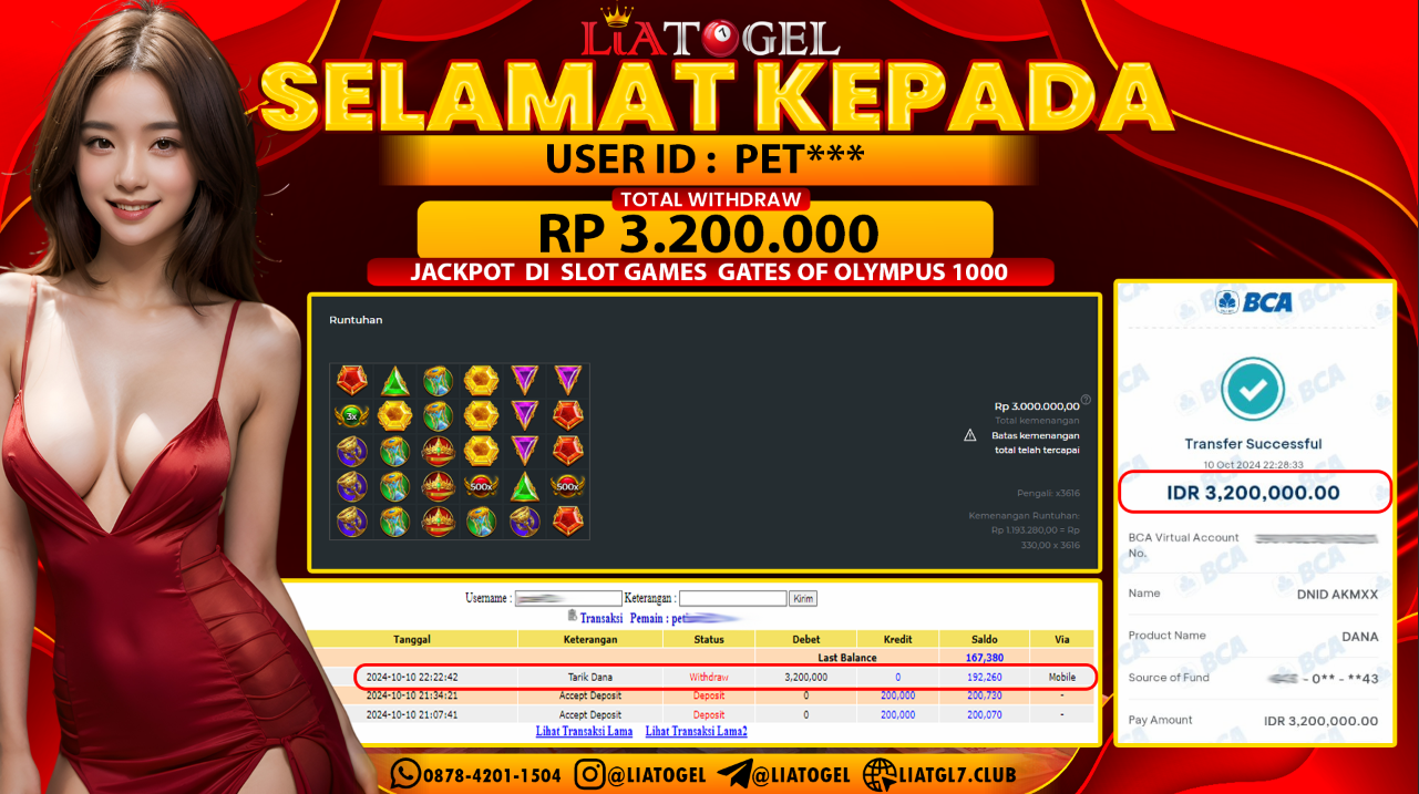 LIATOGEL - JACKPOT SLOT GATES OF OLYMPUS 1000 GAMES  RP  3.200.000,- LUNAS