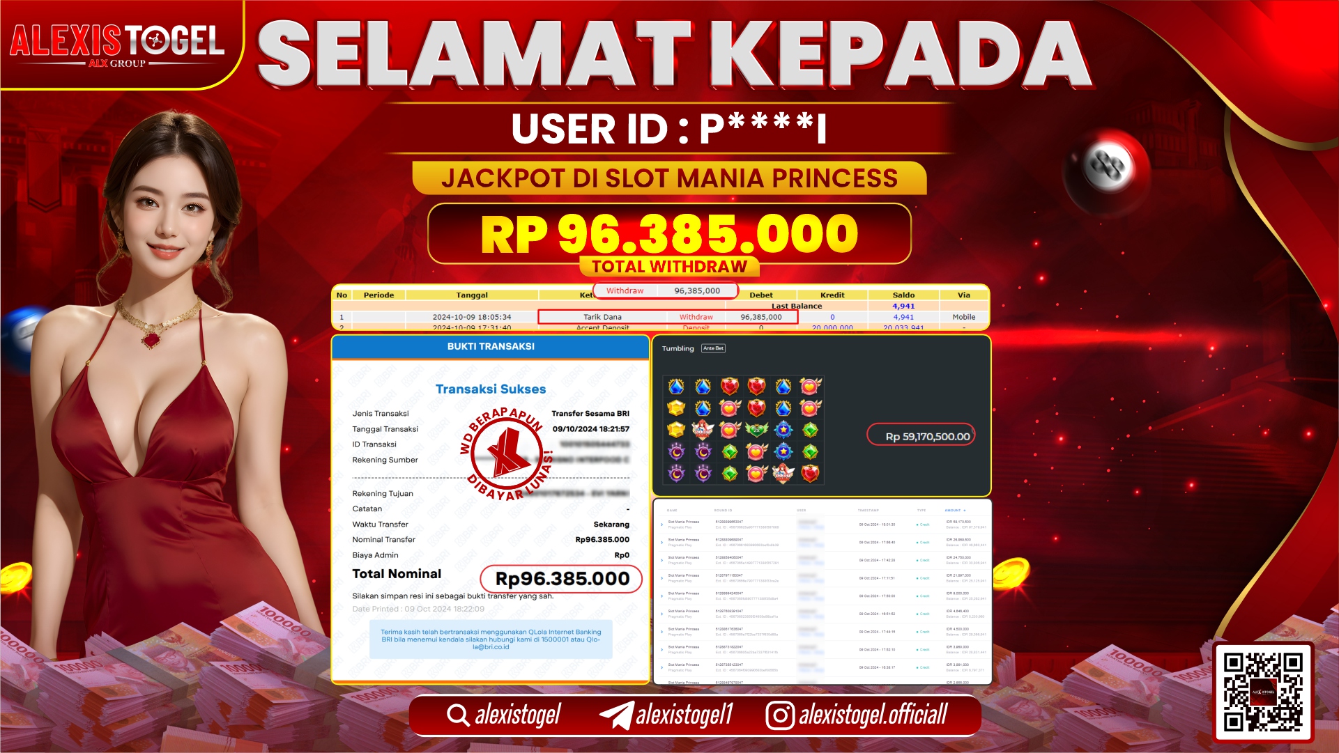 ALEXISTOGEL SLOT MANIA PRINCESS RP.96.385.000 LUNAS