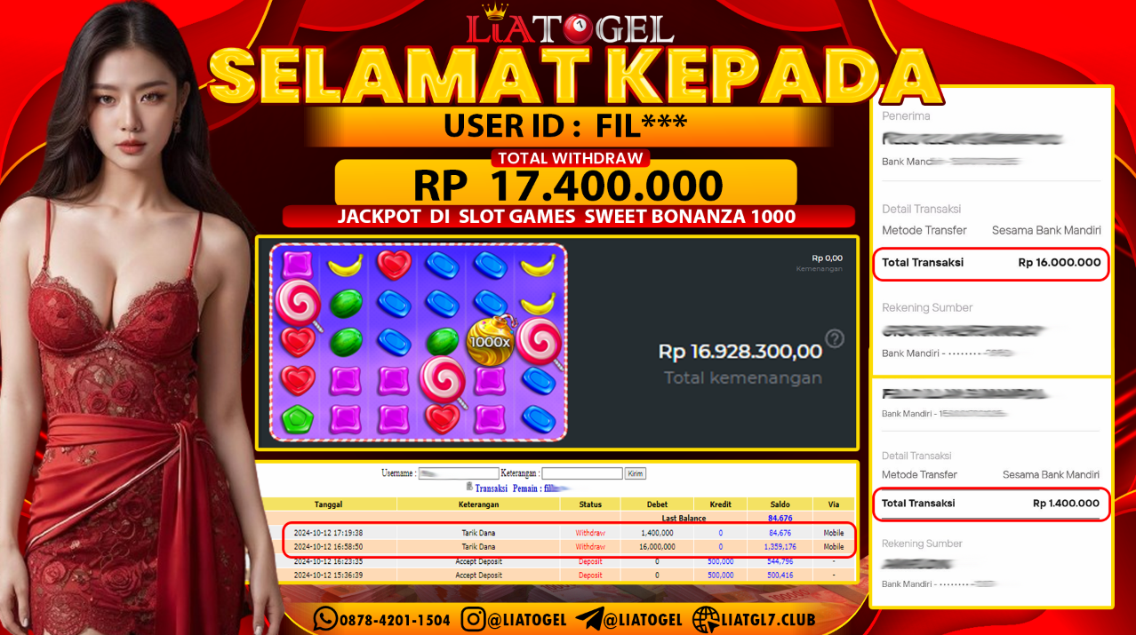 LIATOGEL - JACKPOT SLOT SWEET BONANZA 1000 GAMES  RP 17.400.000,- LUNAS