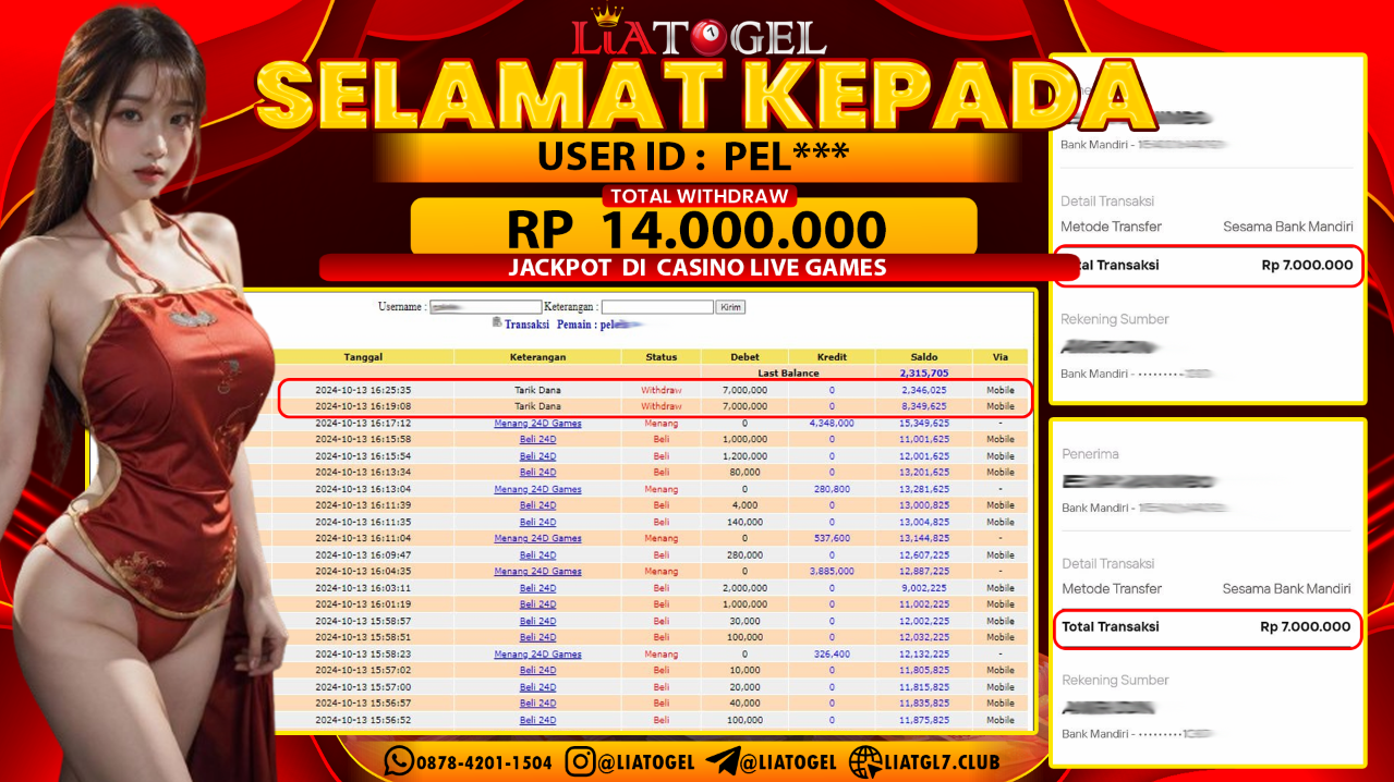 LIATOGEL - JACKPOT CASINO LIVE GAMES  RP 14.000.000,- LUNAS