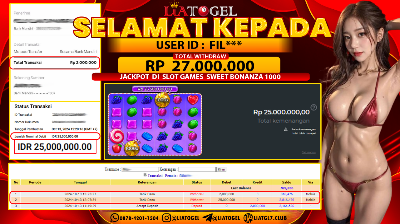 LIATOGEL - JACKPOT SLOT SWEET BONANZA 1000 GAMES  RP 27.000.000,- LUNAS