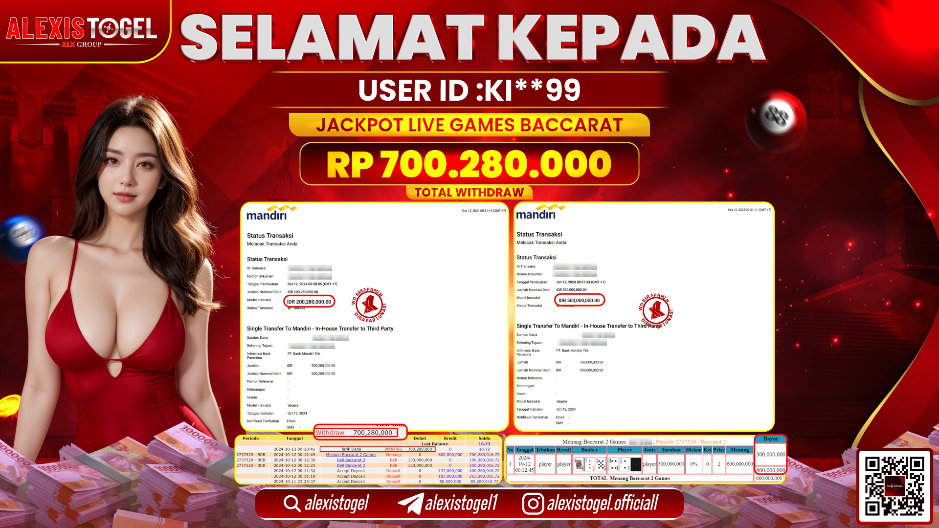 ALEXISTOGEL LIVE GAMES BACCARAT RP.700.280.000 LUNAS