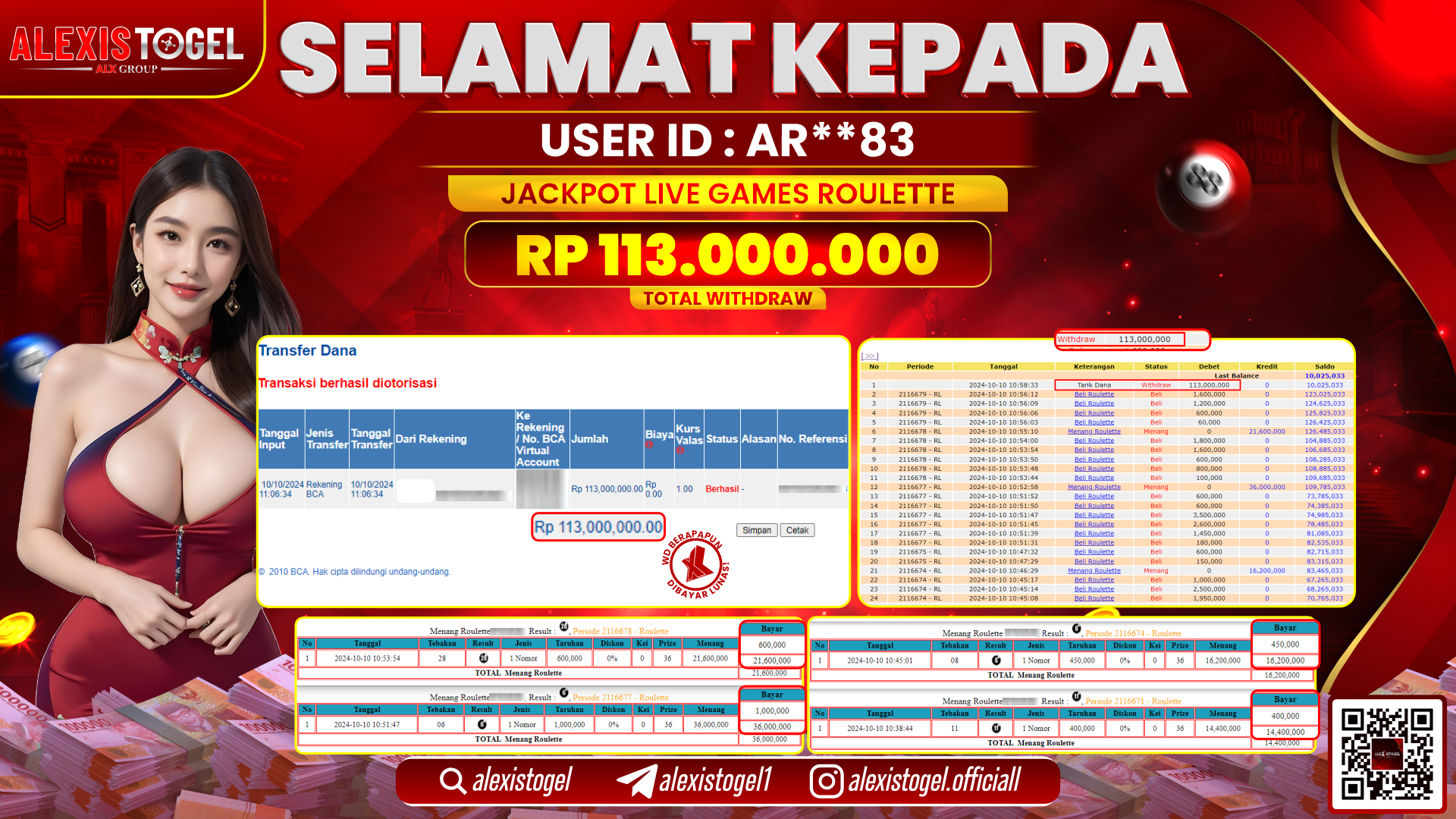 ALEXISTOGEL LIVE GAMES ROULETTE RP.113.000.000 LUNAS