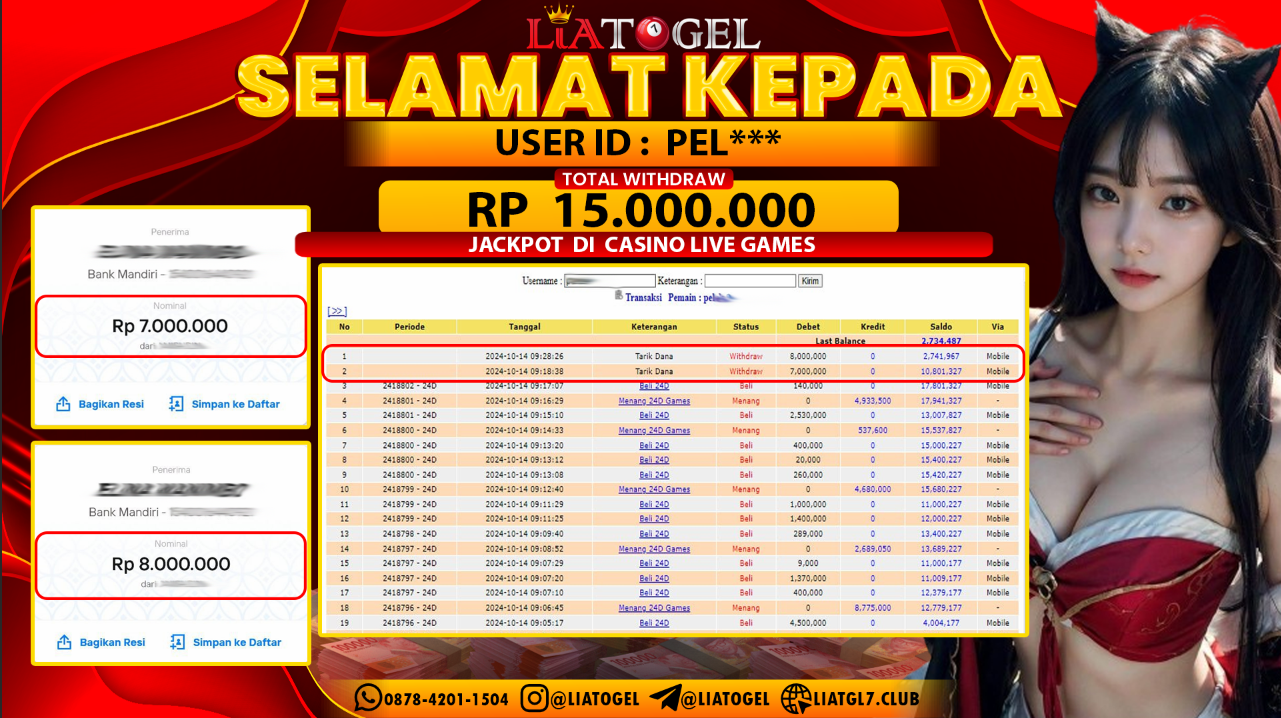 LIATOGEL - JACKPOT CASINO LIVE GAMES   RP 15.000.000,- LUNAS