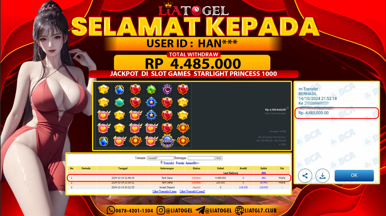 LIATOGEL - JACKPOT SLOT STARLIGHT PRINCESS 1000 GAMES  RP 4.485.000,- LUNAS