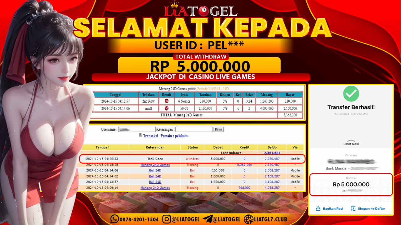 LIATOGEL - JACKPOT CASINO LIVE GAMES  RP 5.000.000,- LUNAS