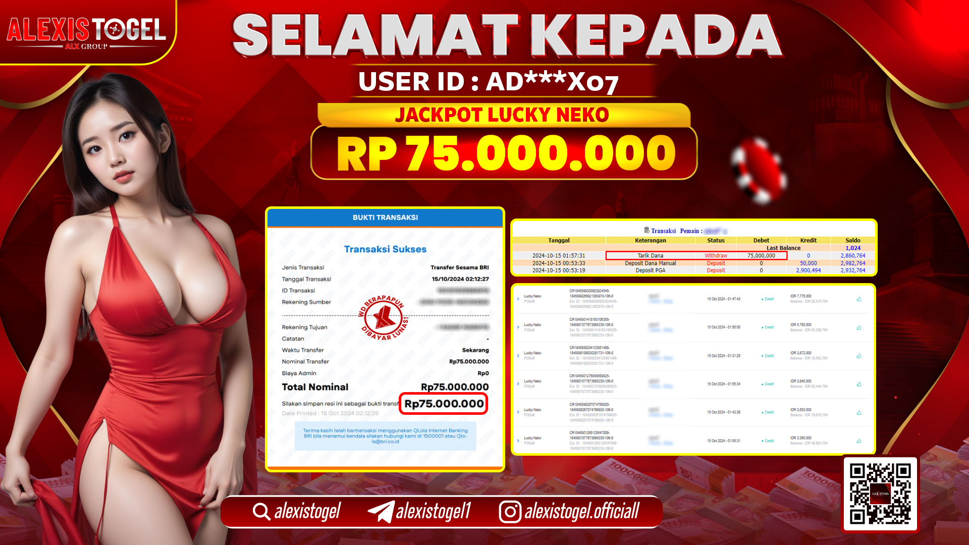 ALEXISTOGEL SLOT LUCKY NEKO RP.75.000.000 LUNAS