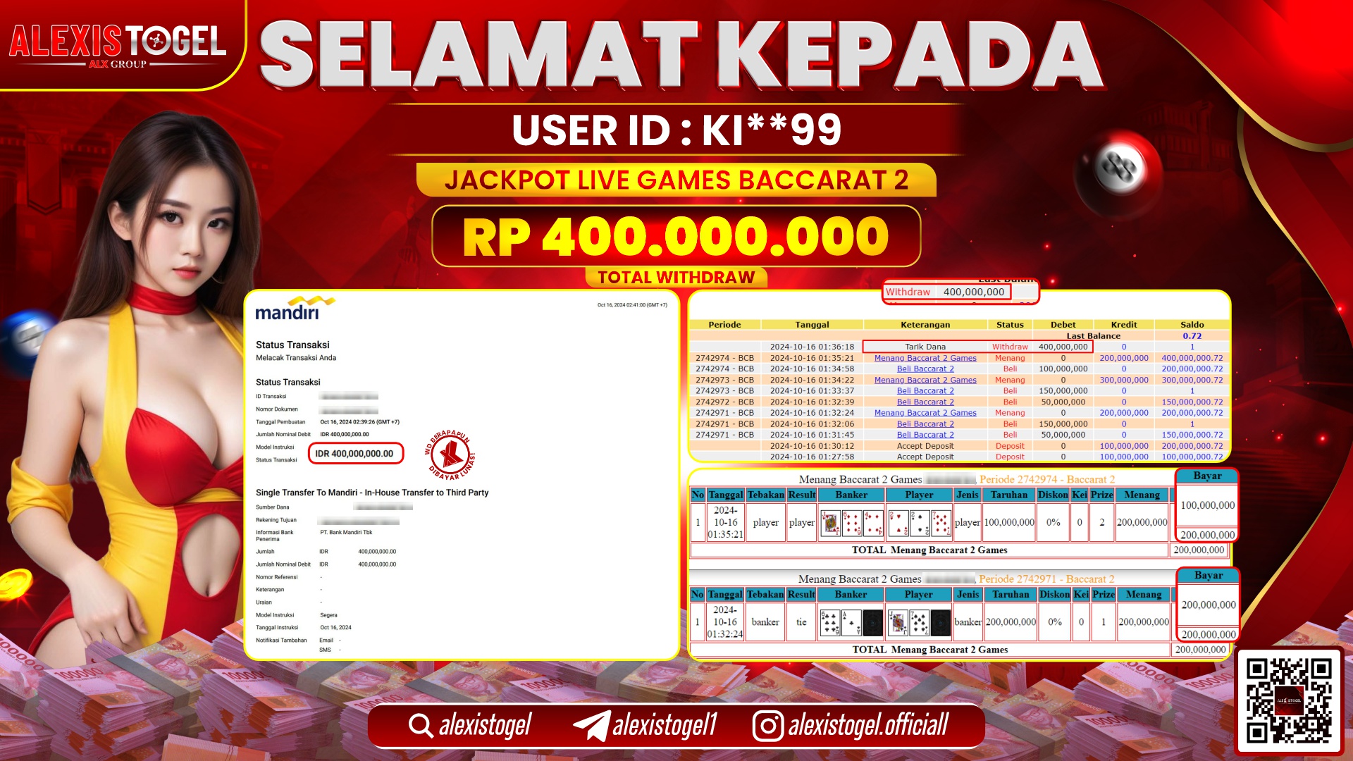 ALEXISTOGEL LIVE GAME BACCARAT RP.400.000.000 LUNAS