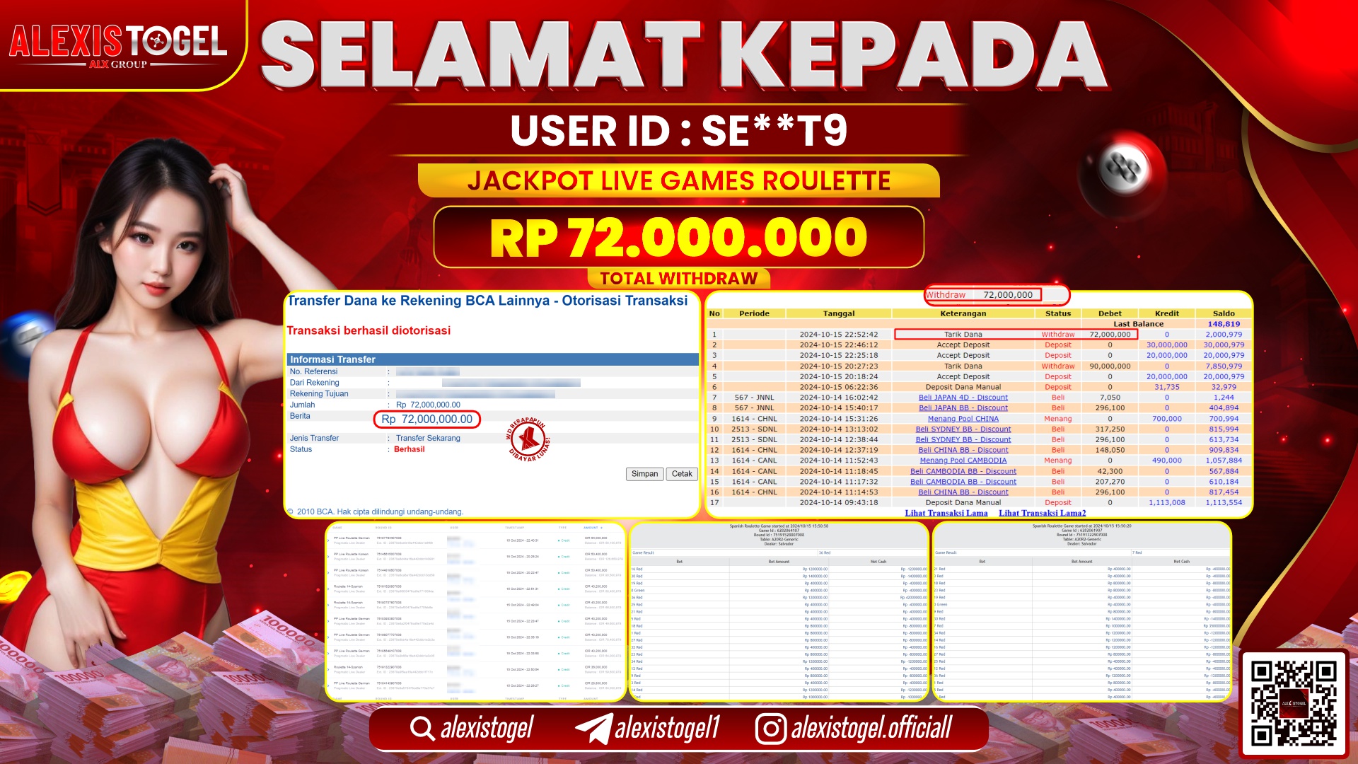 ALEXISTOGEL LIVE GAMES ROULETTE RP.72.000.000 LUNAS