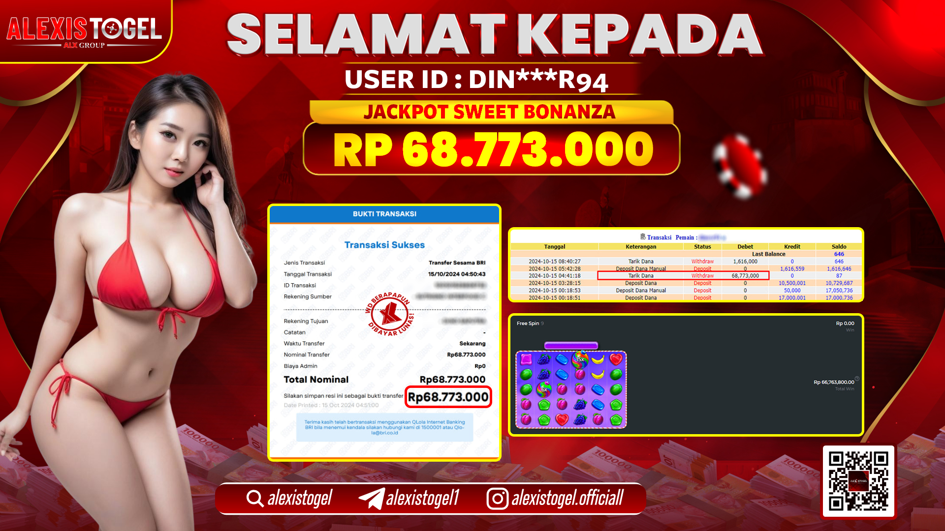 ALEXISTOGEL SLOT SWEET BONANZA RP.68.773.000 LUNAS