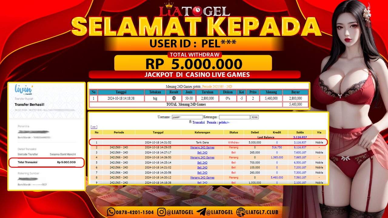 LIATOGEL - JACKPOT CASINO LIVE GAMES  RP 5.000.000,- LUNAS
