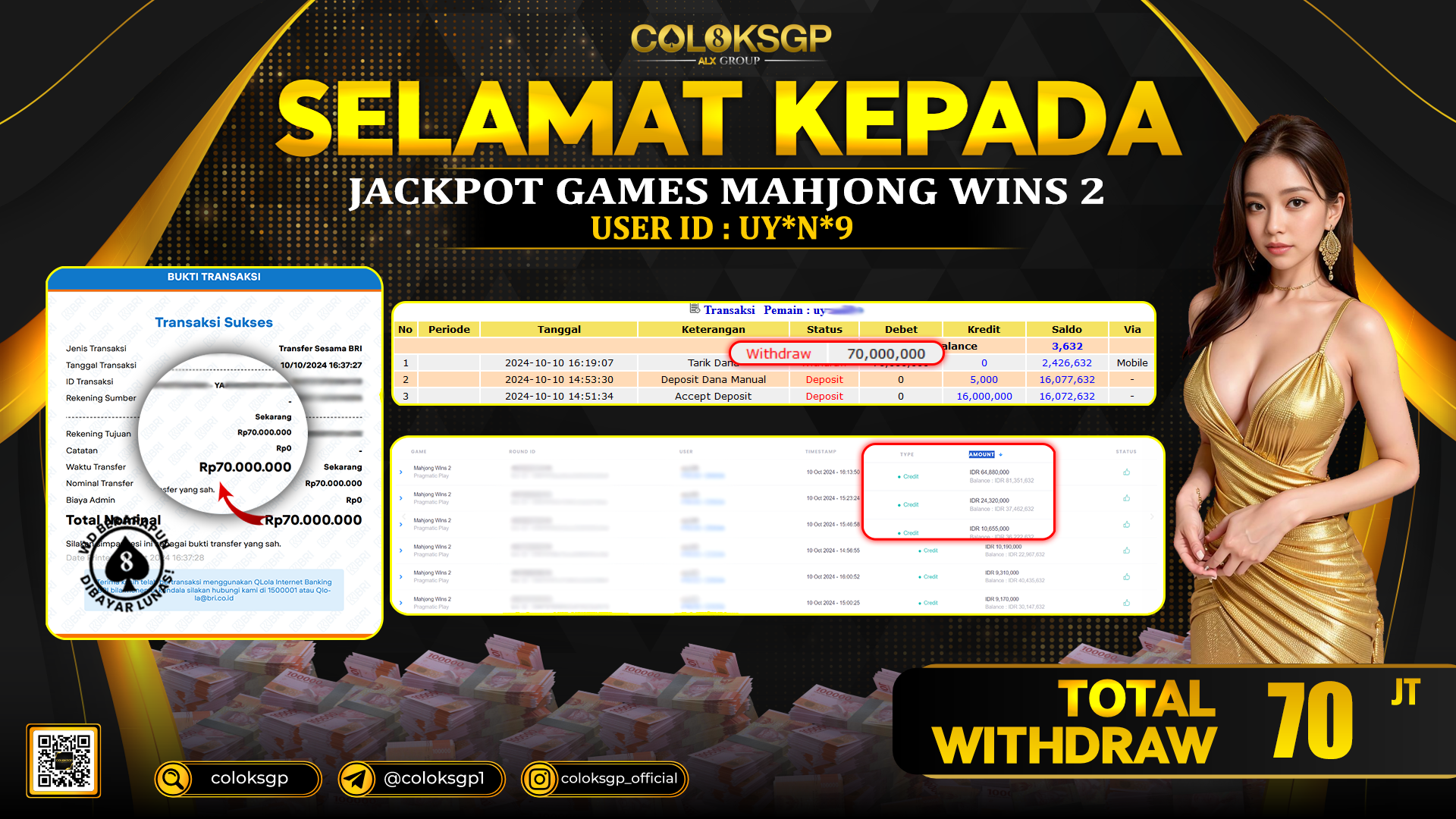 COLOKSGP JACKPOT SLOT GAMES RP 70.000.000 LUNAS