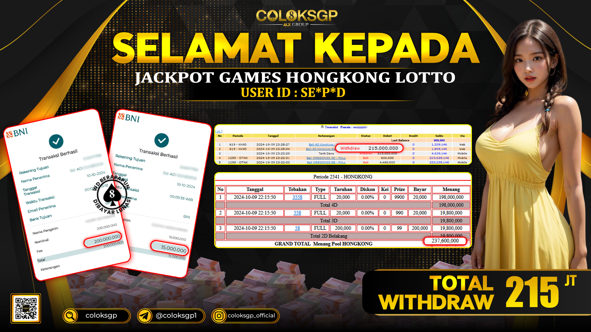 COLOKSGP JACKPOT HONGKONG LOTTO RP 215.000.000 LUNAS