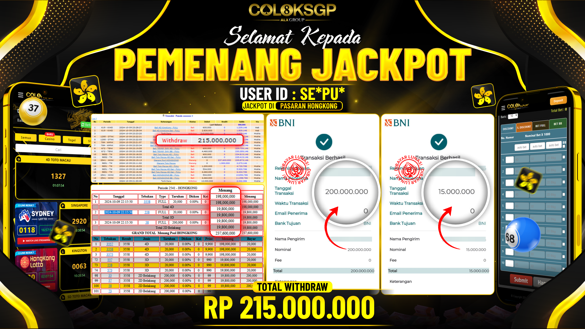 COLOKSGP JACKPOT HONGKONG LOTTO RP 215.000.000 LUNAS