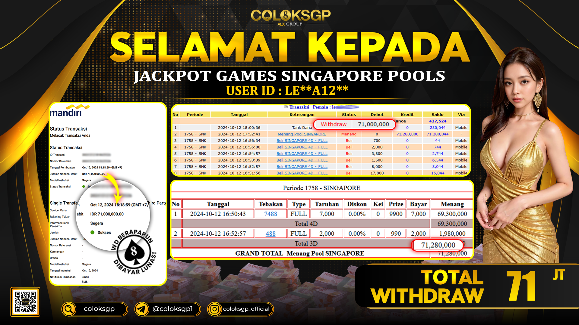 COLOKSGP JACKPOT SINGAPORE POOLS RP 71.000.000 LUNAS