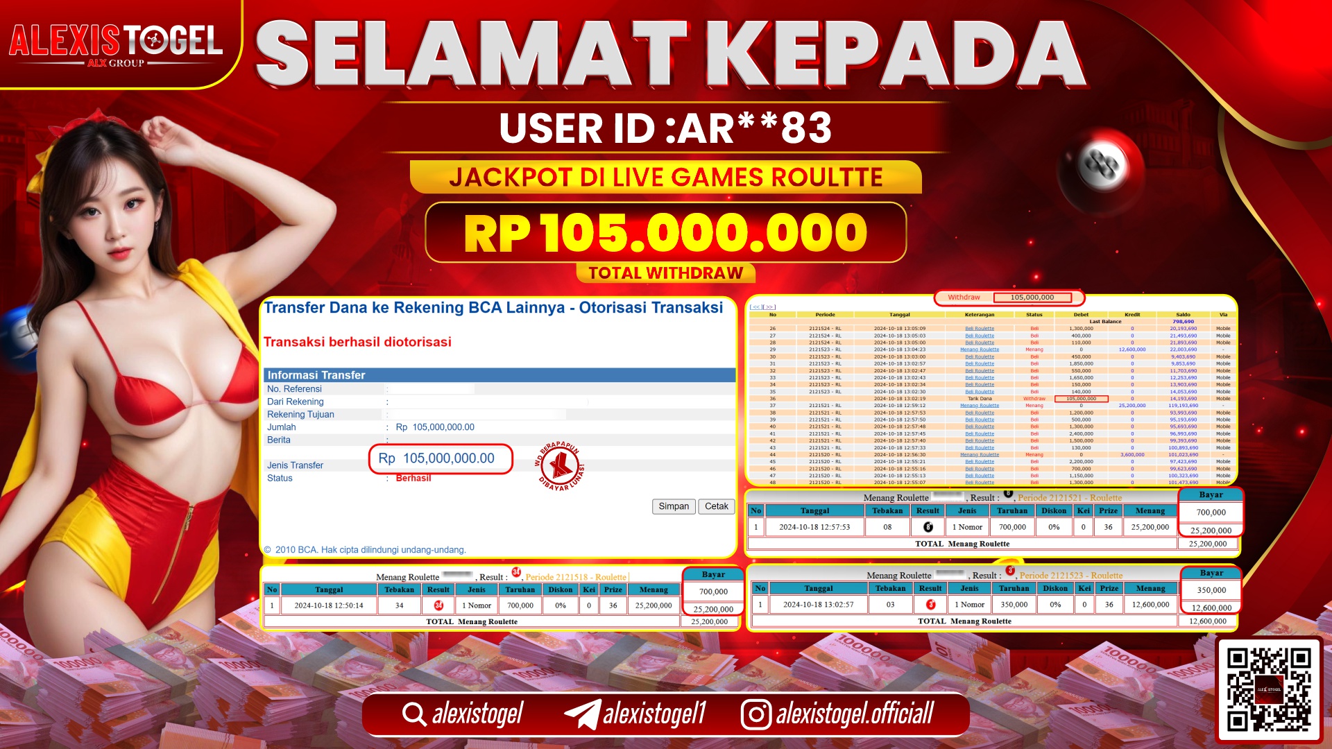 ALEXISTOGEL LIVE GAMES ROULETTE RP.105.000.000 LUNAS