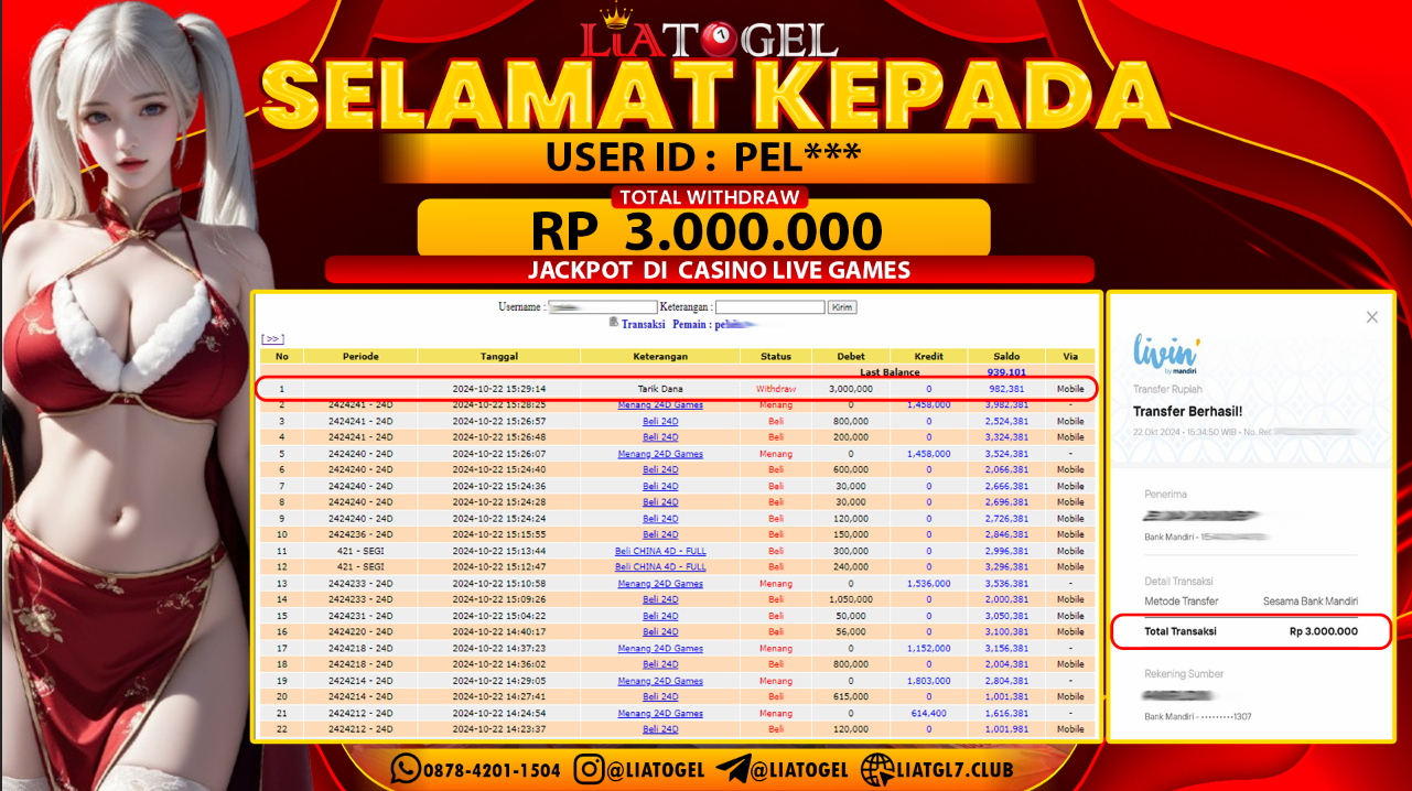 LIATOGEL - JACKPOT CASINO LIVE GAMES  RP 3.000.000,- LUNAS