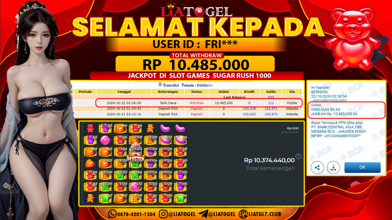 LIATOGEL - JACKPOT SLOT SUGAR RUSH 1000 GAMES  RP 10.485.000,- LUNAS
